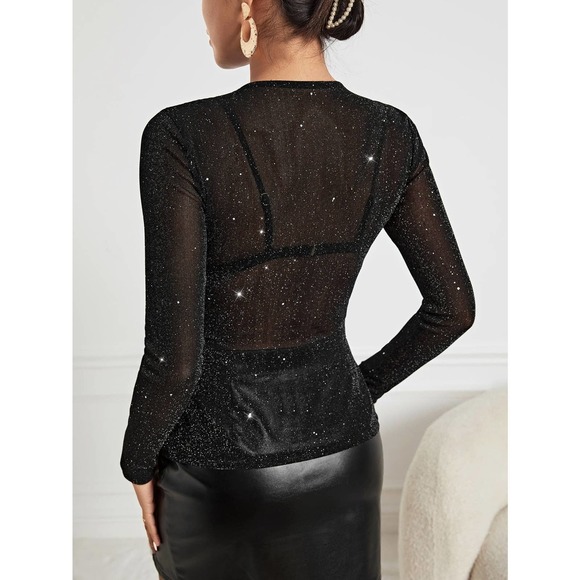 Long sleeve Glitter Sheer Mesh Top Without Bra black - Picture 2 of 5